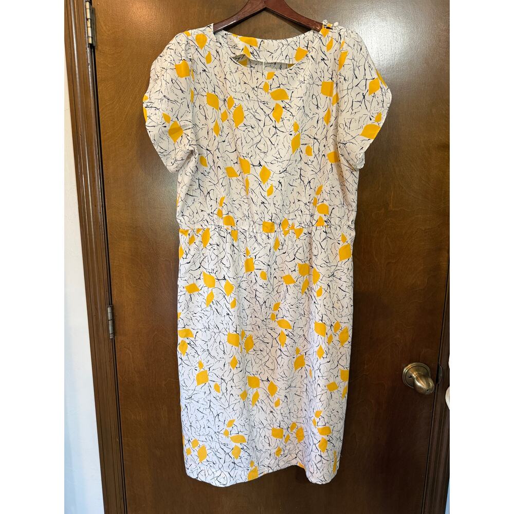Vintage 80s white with yellow and black abstract Print Dress